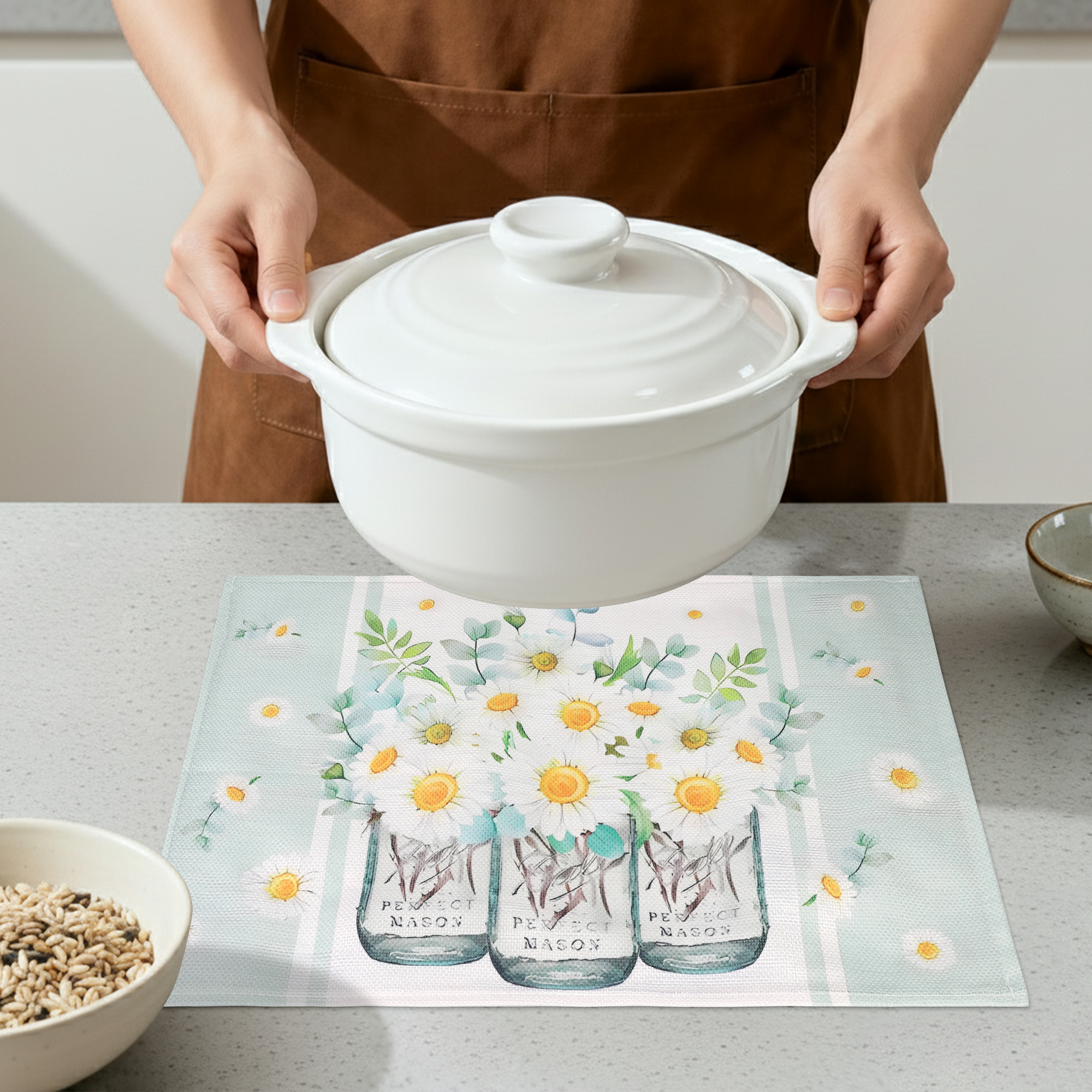 Unique Bargains Farmhouse Placemats Set of 6 Linen Placemats for Dining Table Green