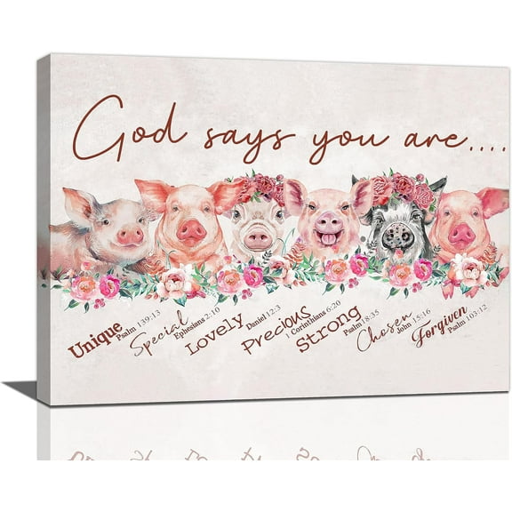 Pink Pig flowers Wall Art Farmhouse Pig Pictures Wall Decor God Says You Are Animal Canvas Prints Framed Modern painting Artwork for Bathroom Kitchen Bedroom Dining Room Office 16"x12"
