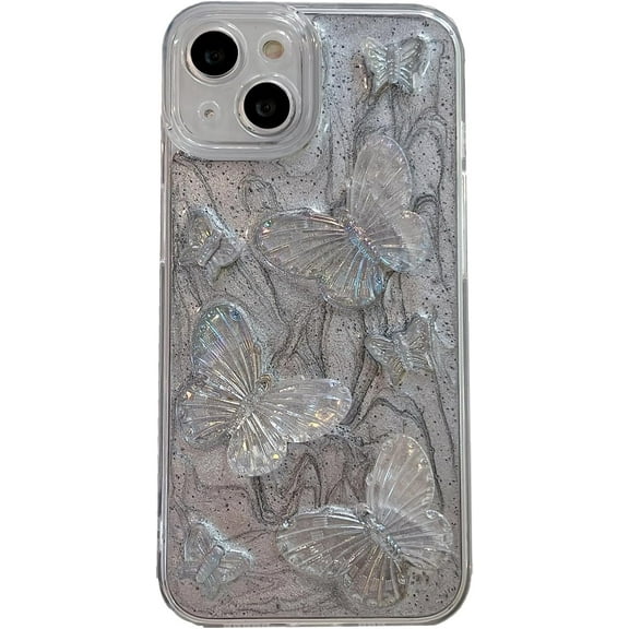 Bling Glitter 3D Butterfly Water Ripple Phone Case Compatible with iPhone Case (Silver,iPhone 14 Plus)