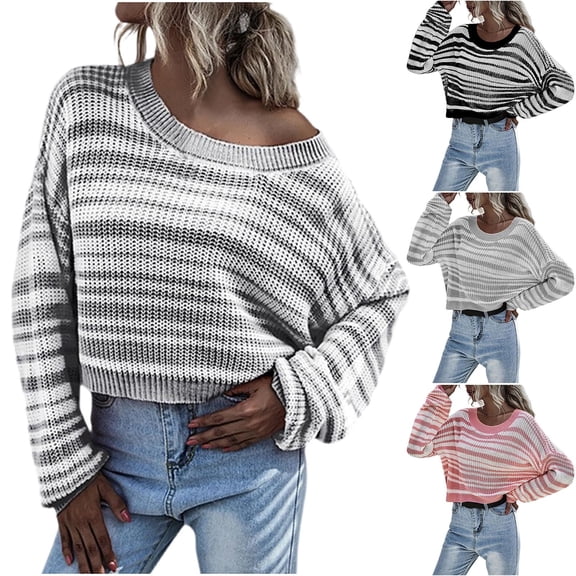 LOVZFMLL Women's Sweaters, Crew Neck Ribbed Pullover Striped Casual Fashion Loose Long Sleeve Tops Warm Fall Winter Clothes