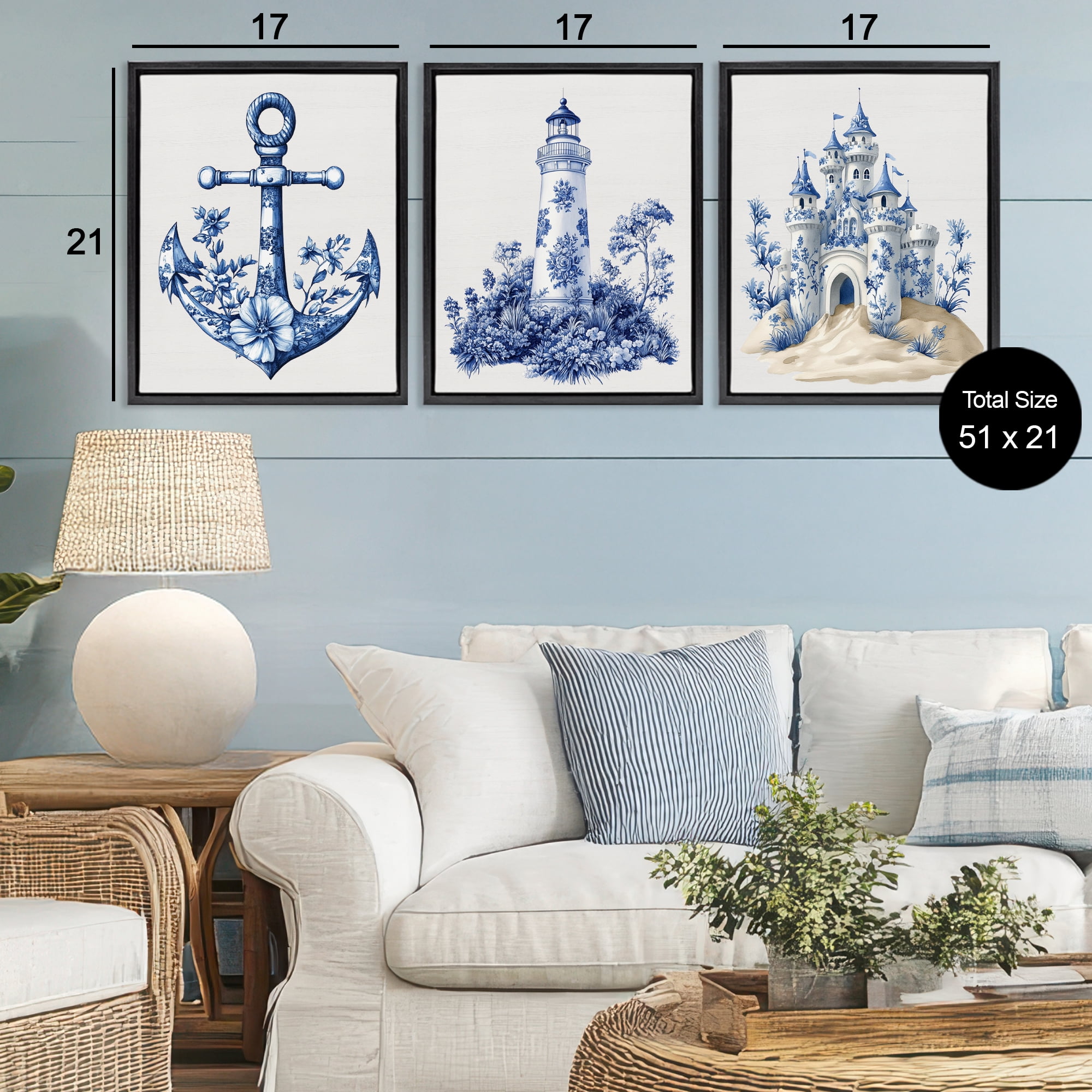 Ornate Nautical Toile Patterns 3 Piece Black Framed Floater Canvas Set, design by Lettered and Lined