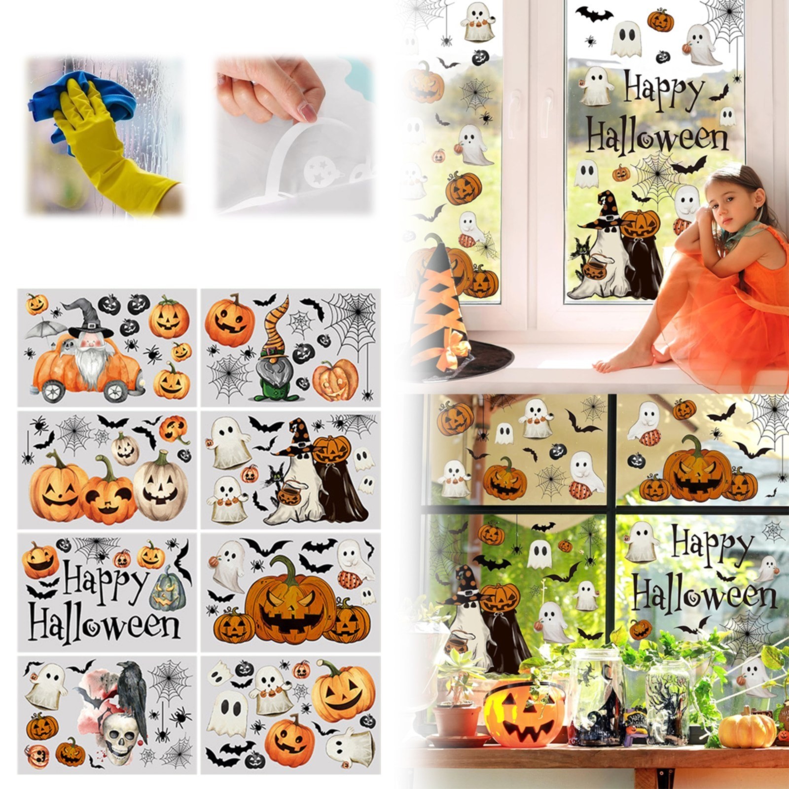Stickers Fenêtre Halloween - 6 Feuilles 30x20cm - Motifs Citrouille, Fantôme, Chauve-souris - Décoration PVC Amovible