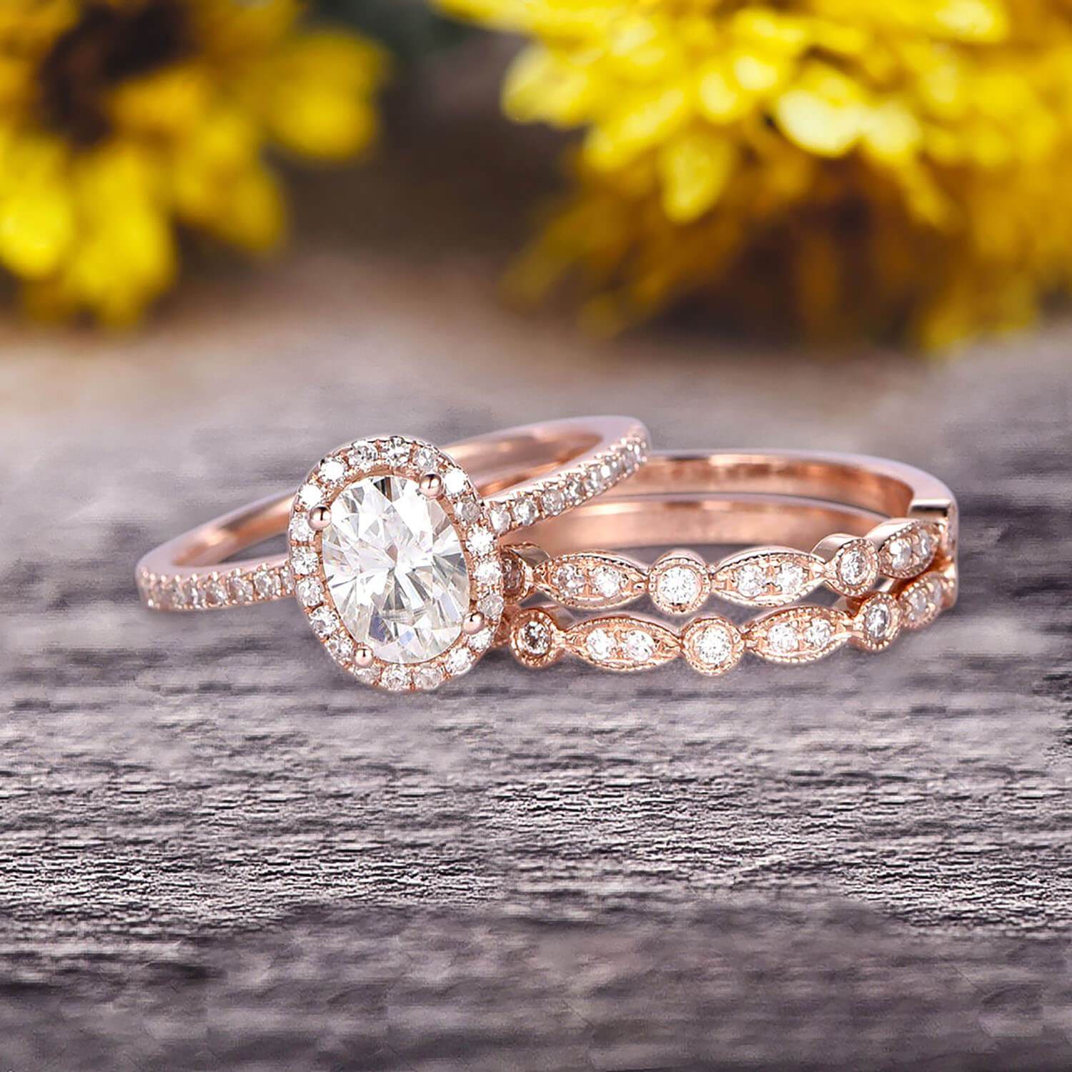 3.00 carat Classic Oval Moissanite Diamond wedding Bands & Bridal Set Engagement Ring Classic Art Deco 10k Rose Gold