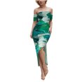thumbnail image 1 of Vestido de Hombro Frío para Mujeres Impresión de la Camiseta Fuera Del Hombro sin Espalda Hendidura Envoltura Nalgas Cintura Vestido Delgado, 1 of 6