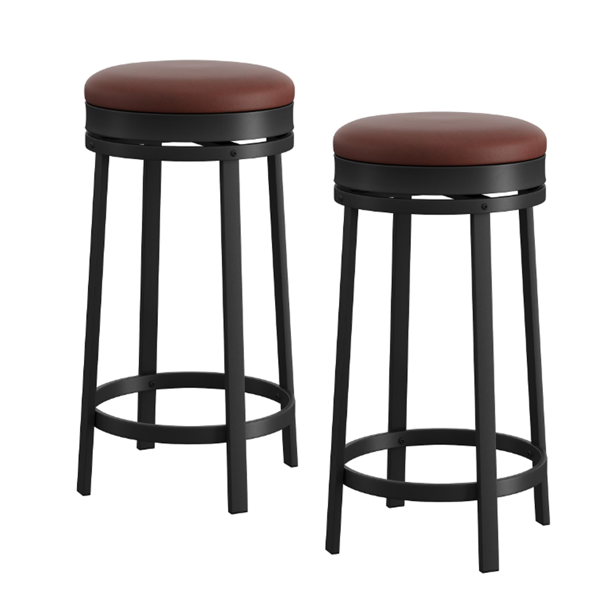 Bar Stools, 24" Modern Swivel Barstools with Footrest, Backless Round Counter Height Bar Stools with Pu Leather Upholstered, for Dining Room, Home Bar
