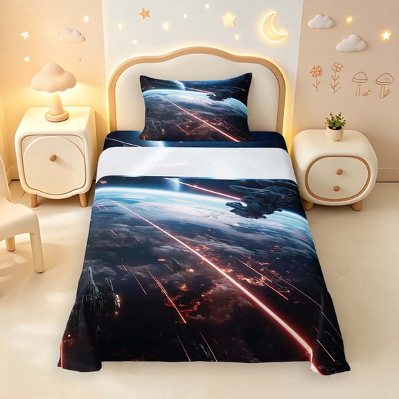 Manfei Cosmic Spaceships Twin Sheets,Celestial Planet Bedding,Blue Orange Black,3pcs,1 Flat Sheet,1 Fitted Sheet and 1 Pillowcase