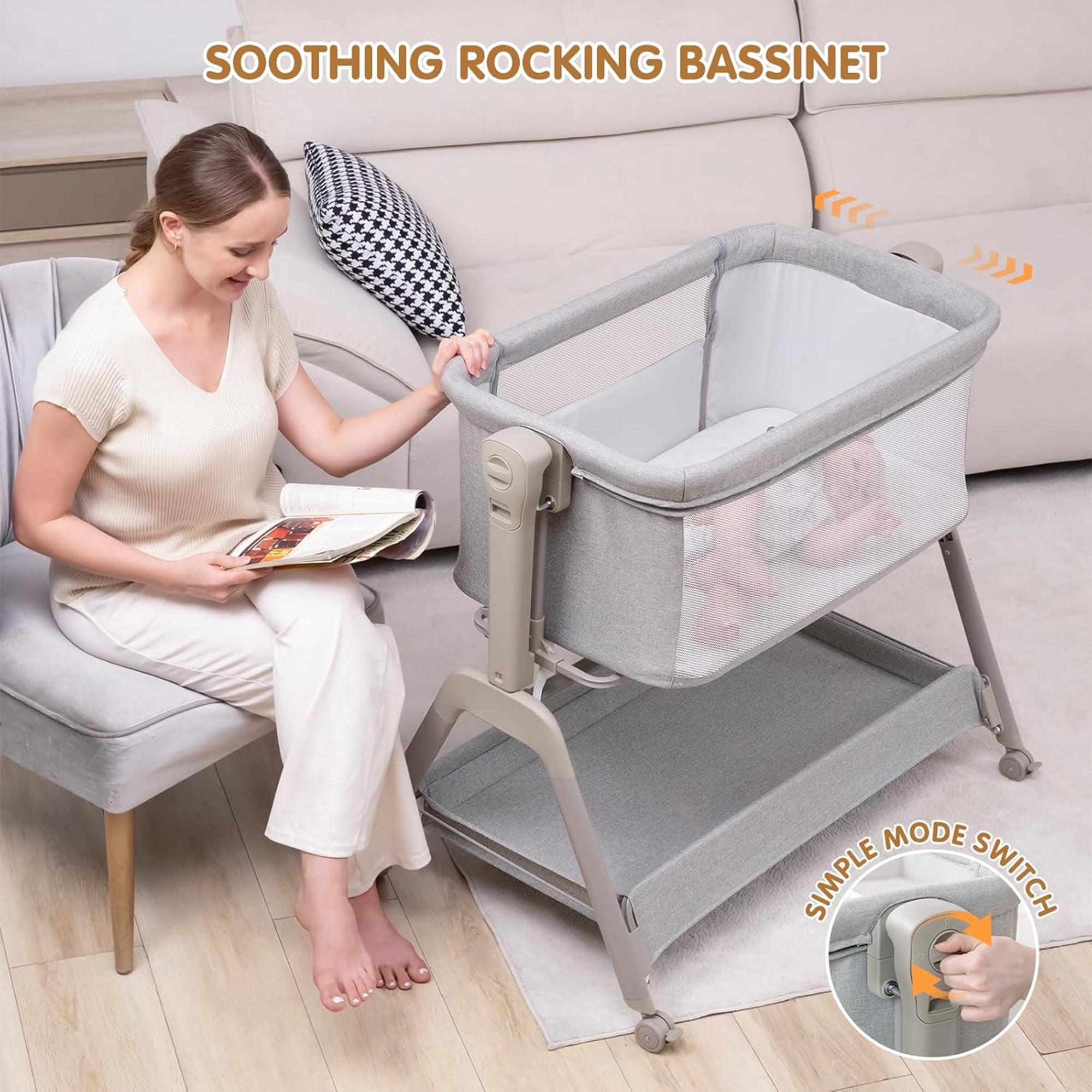 Ezebaby Baby Bassinet Bedside Sleeper, 3-in-1 Rocking Bassinet, Breathable Full-Mesh Baby Crib with 6 Height Adjustable and Lockable Wheels for Newborns