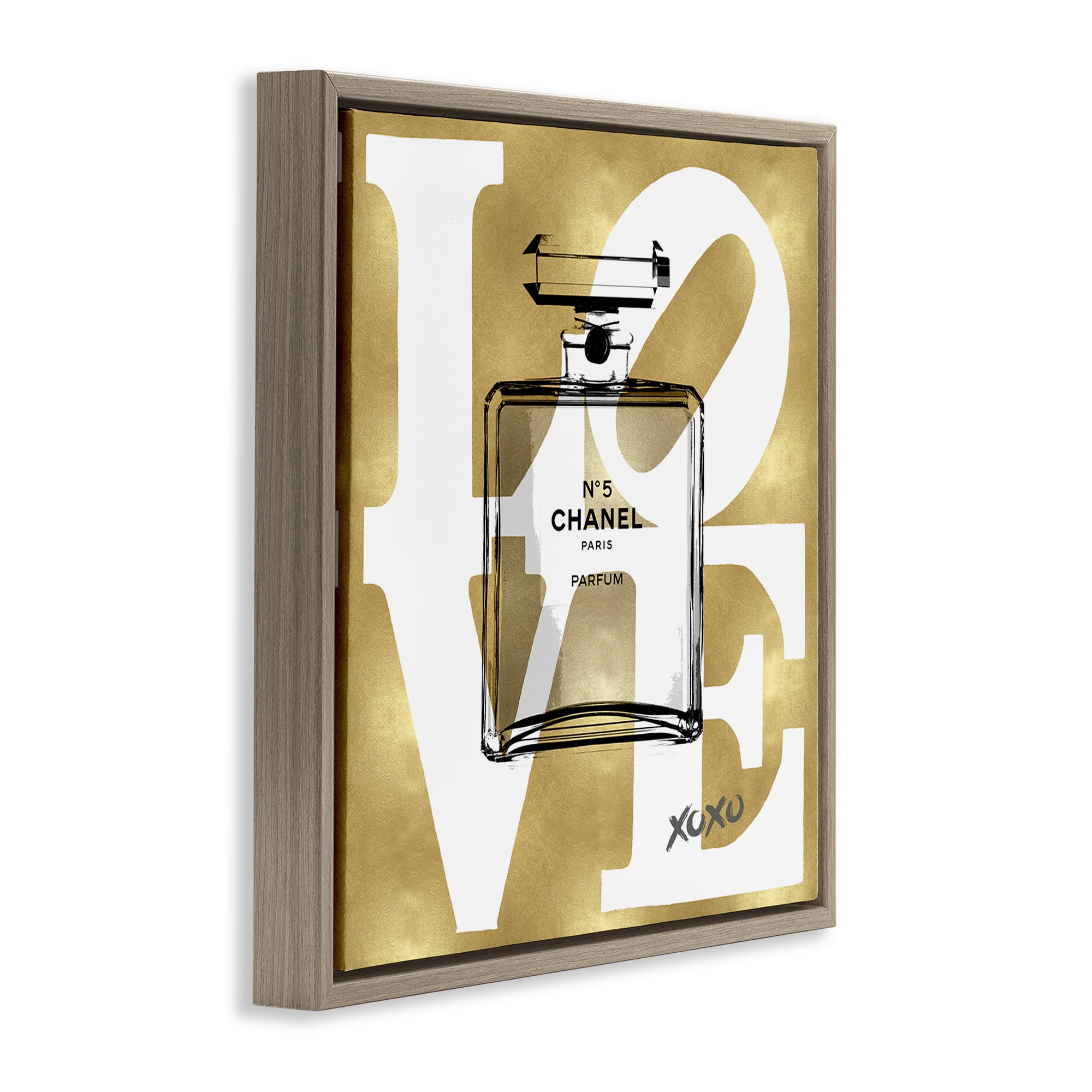 Stupell Industries Gold & White Love Perfume Fashion Painting Brown Floater Framed Canvas Art Print Wall Art, 18 x 18
