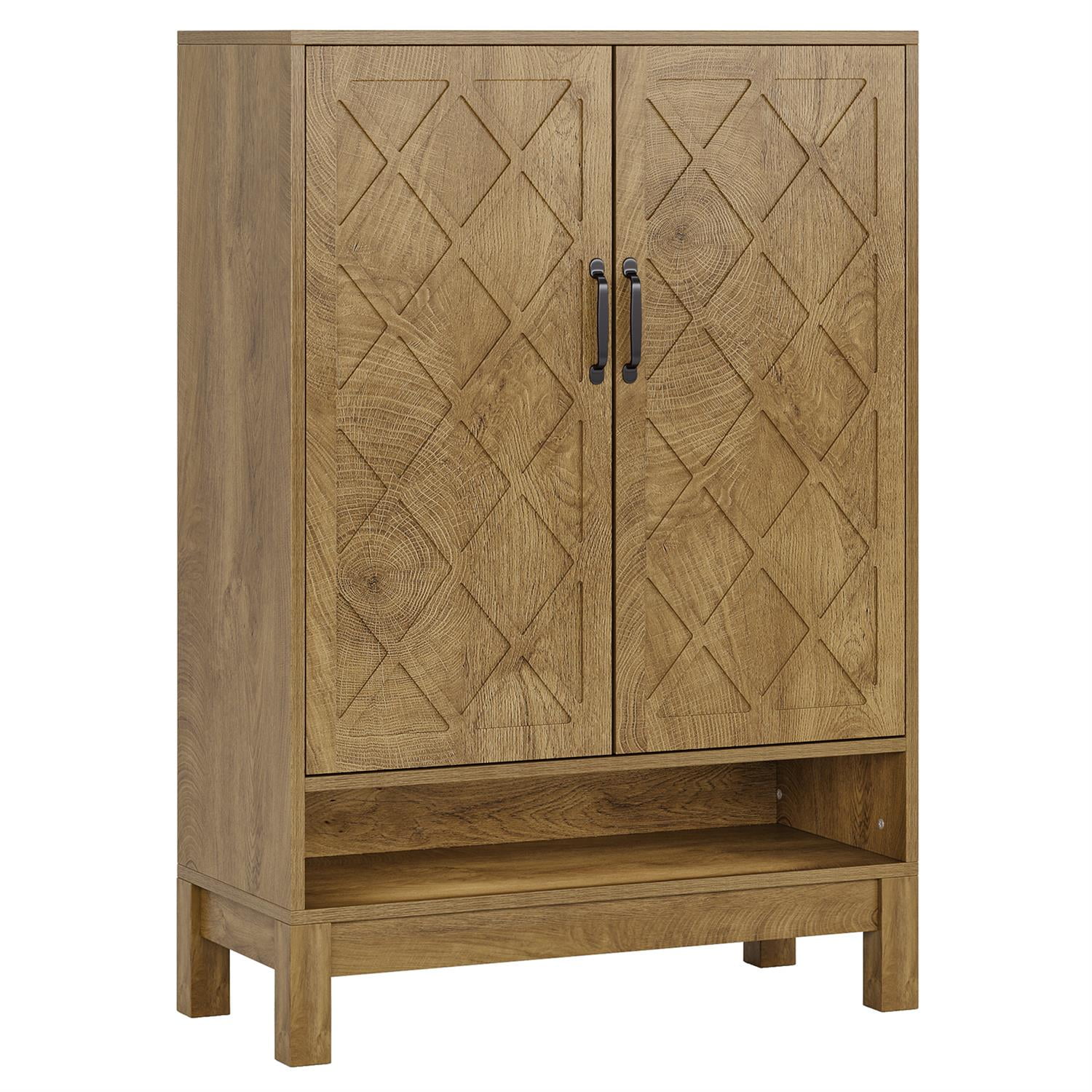 Demi Bonn 43" Solid Wood Shoe Storage with Intricate Carvings, Entryway Cabinet for Home Organization, Brown