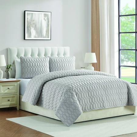 VCNY 3pc Full/Queen Diamond Pinsonic Quilt Set Light Gray: Hypoallergenic Microfiber, Machine Washable