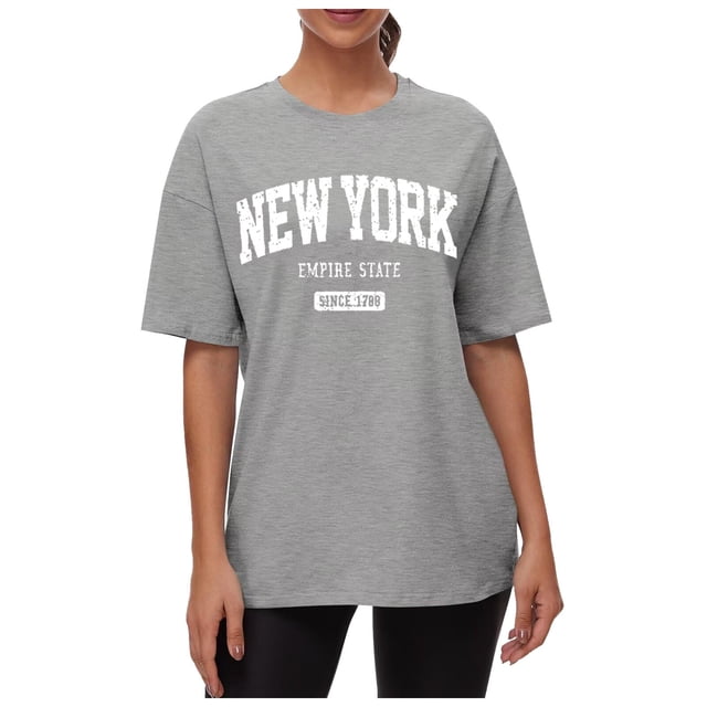 Camiseta estampada de cuello redondo y hombros caídos para mujer: camiseta informal con diseño gráfico, diseño de transferencia térmica, fácil de combinar con vaqueros