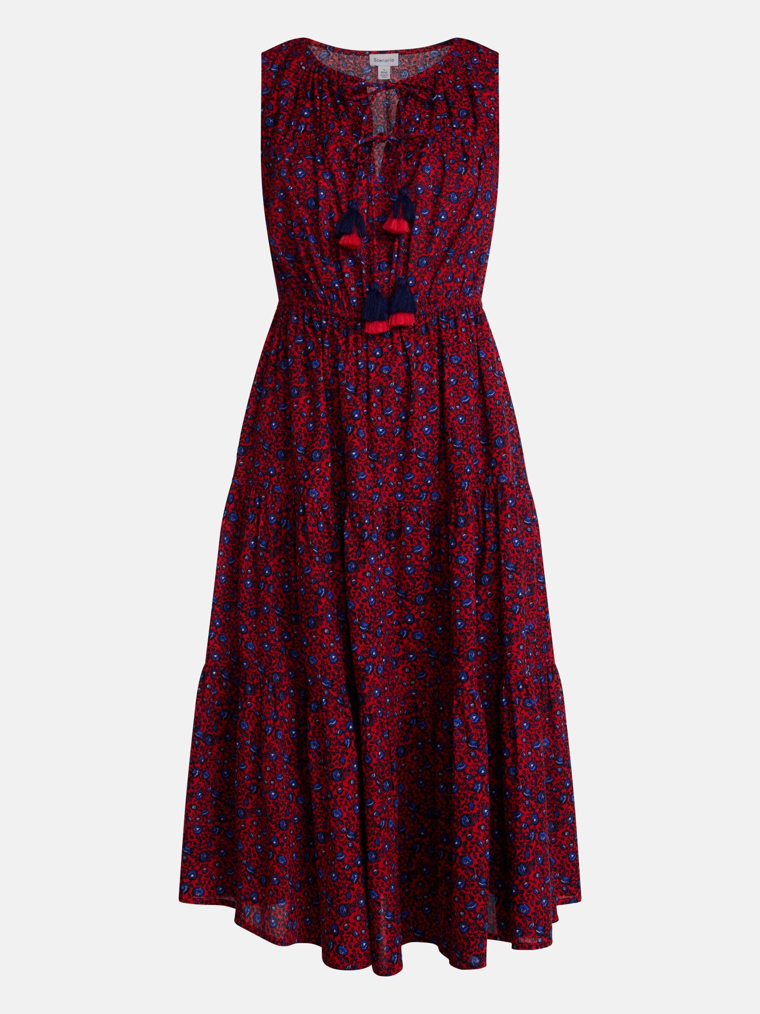 Scenario Women's and Women's Plus Sleeveless Tie Neck Tiered Midi Dress, Sizes XS-4X