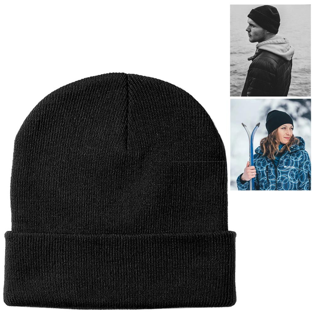 BLACK CABLE KNIT SHORT BEANIE SKI CAP WINTER HAT COLD WEATHER SKULL CAPS WARM 