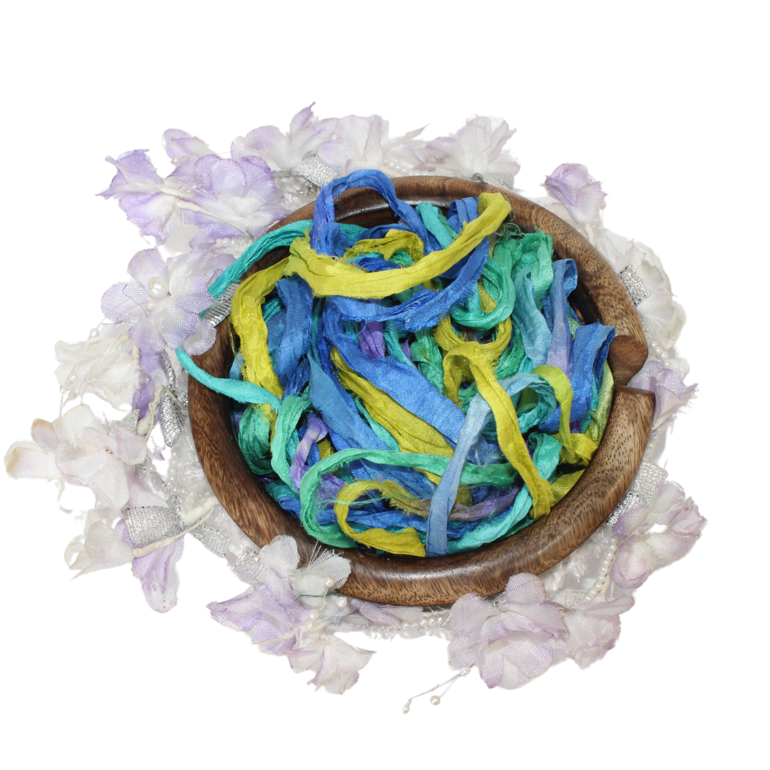 Knitsilk Recycled Sari Silk Ribbon Yarn|Best for Crochet, Knitting, and Embroidery and Jewelry Making |Sustainable and Unique Texture Ribbon Yarn|50 GMS-30Yards-Tye and dye, Pack of 2