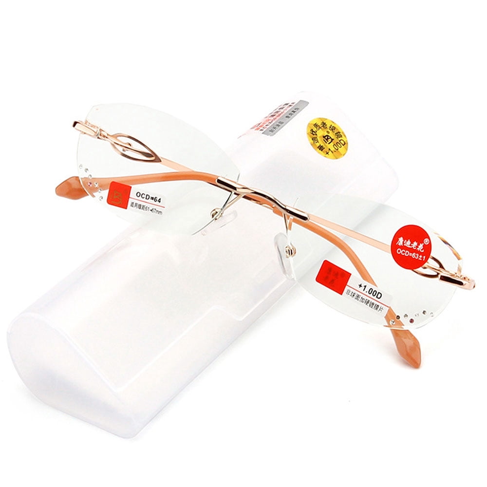 Women Rimless Blue Light Blocking Reading Glasses 3.50, Ladies Rectangle Metal Gold Presbyopia Glasses Readers +3.50 strength