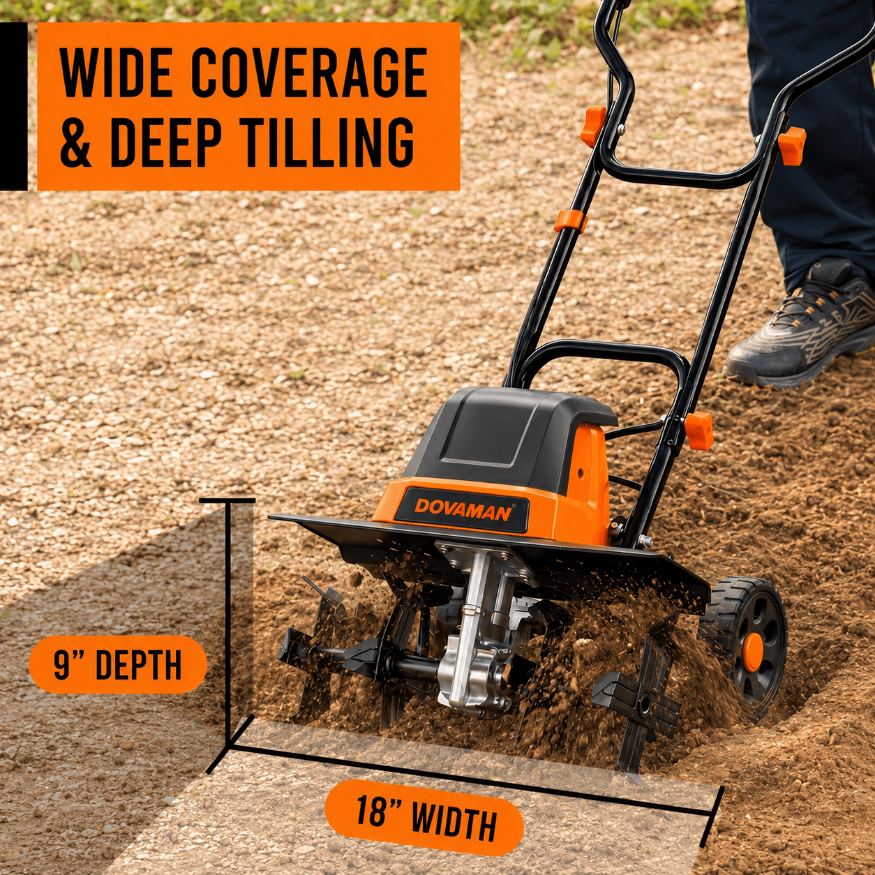 DOVAMAN 18-Inch Electric Garden Tiller, 15-Amp Corded Cultivator with 9-Inch Depth and Adjustable Wheels