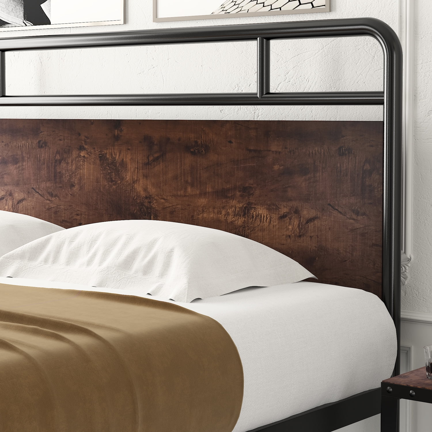 Amolife Queen Size Modern Heavy Duty Metal Platform Bed Frame with Modern Wood Headboard, Sanders, Dark Brown