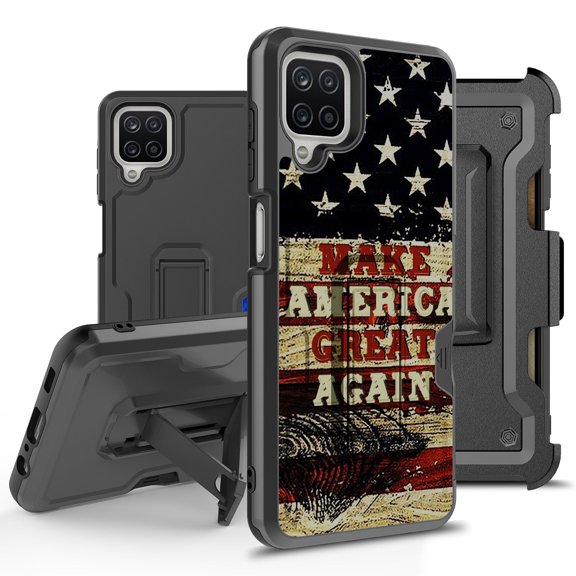 ANJ  Rugged Hybrid Shockproof Case w/Kickstand   Holster Clip Card Slot Cover for Samsung Galaxy A12 (2021 Release) - Great Again