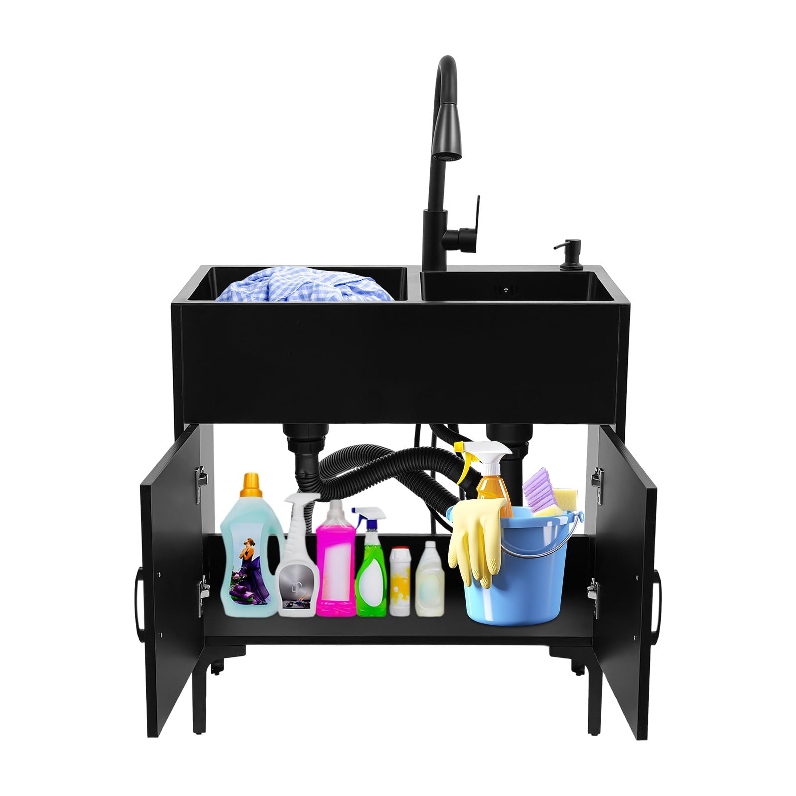 1 PCS Black Laundry Sink Stainless Steel Utility Sink Cabinet with Sink with Flexible Faucet Suitable for Kitchens, Restaurants, Coffee Shops, Garages, Hotels, Laundry Rooms