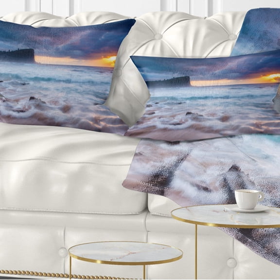 Designart Incredible Sunset with White Waves - Seashore Throw Pillow - 12x20