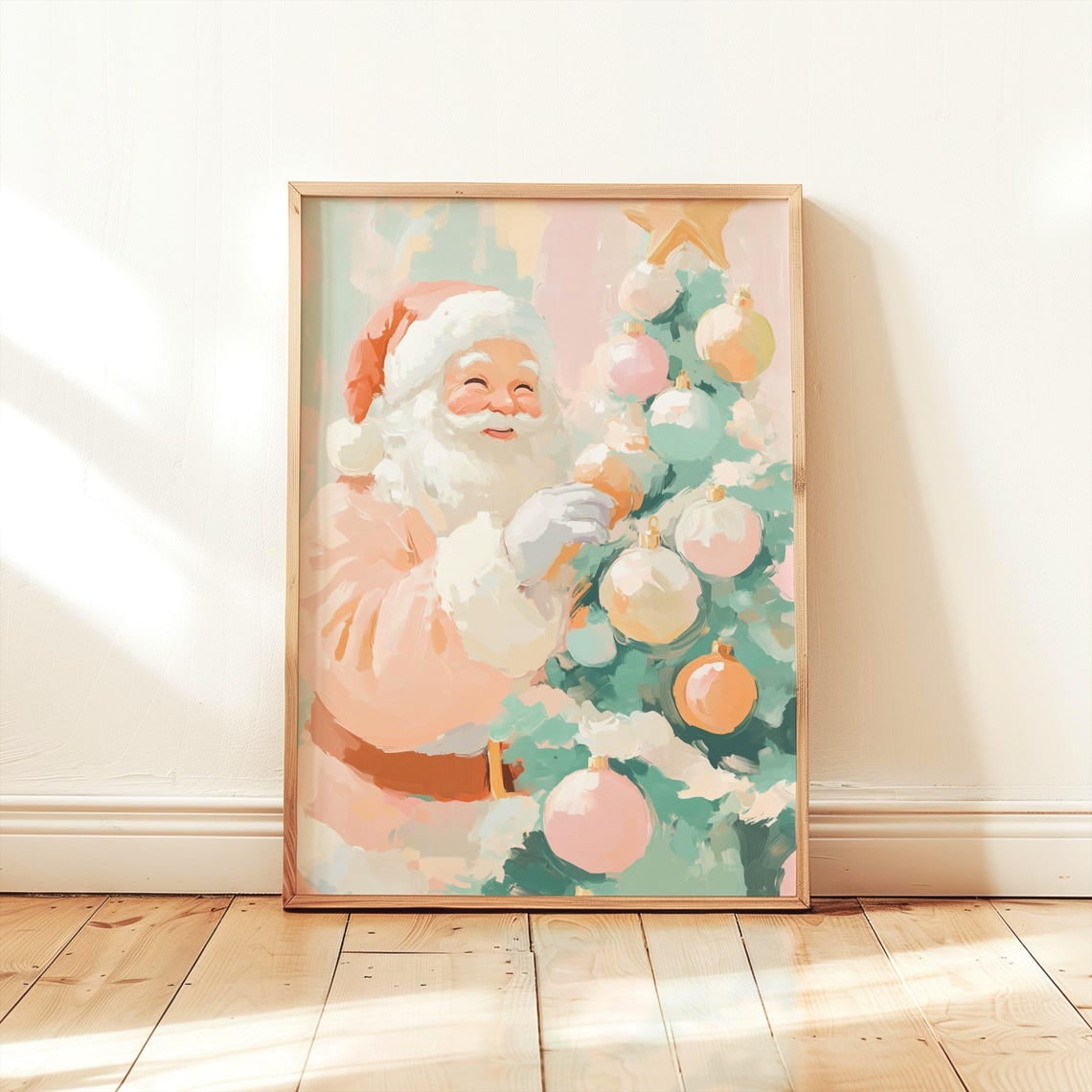 Vintage Santa Claus Decorating Tree Poster Whimsical Rusticdecor Festive Cottagecore Charm Living Room And Gallery Wall Decor