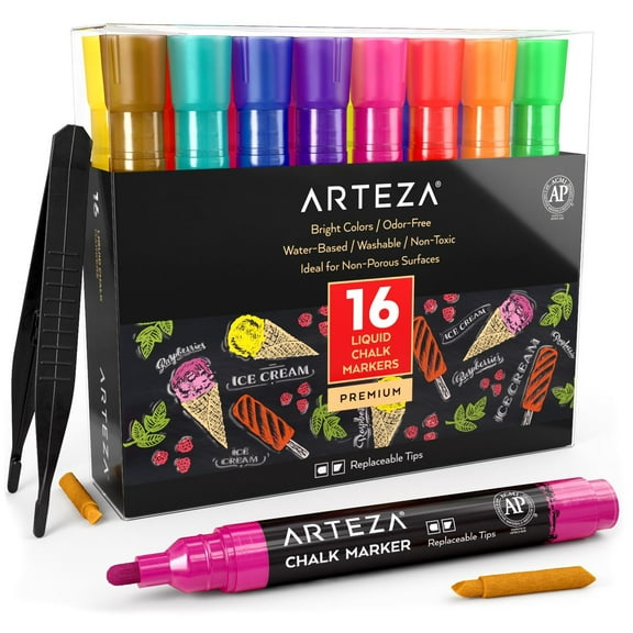 Arteza Non-Toxic Liquid Chalk Paint Markers, Bright Colors, Includes Replaceable Tips, Tweezers, 50 Labels, & Stencils - 16 Pack