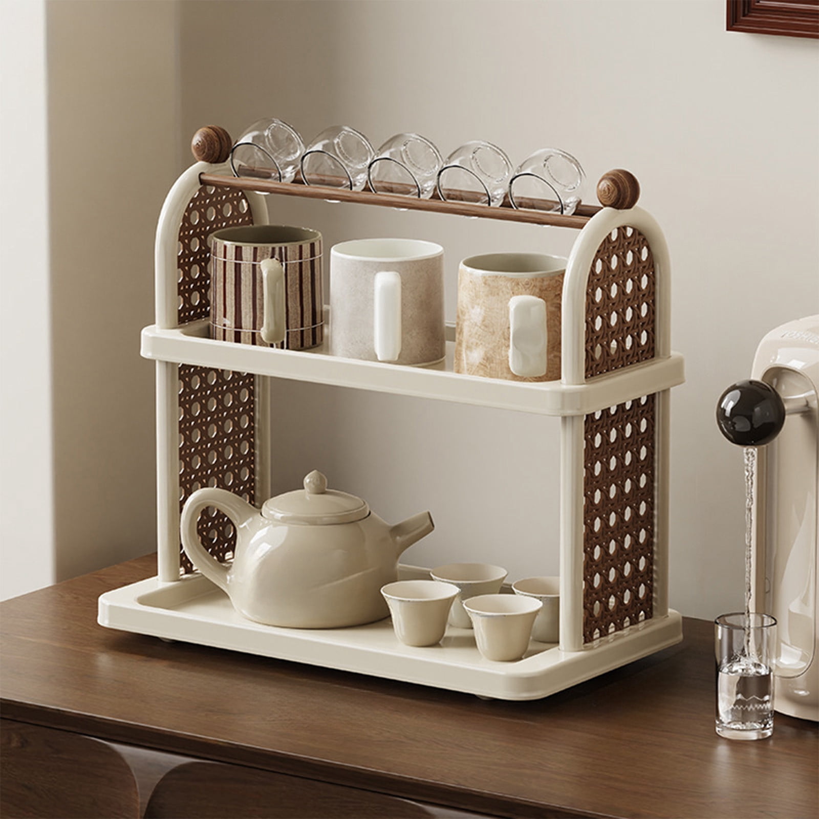 SHENGXINY Desk Organizer, Multi-Layer Desktop Organizer Shelf & Rack, Cup Tea Storage Holder, Multi-Function Organizer for Kitchen Desktop White 14.02x13.19x7.95in