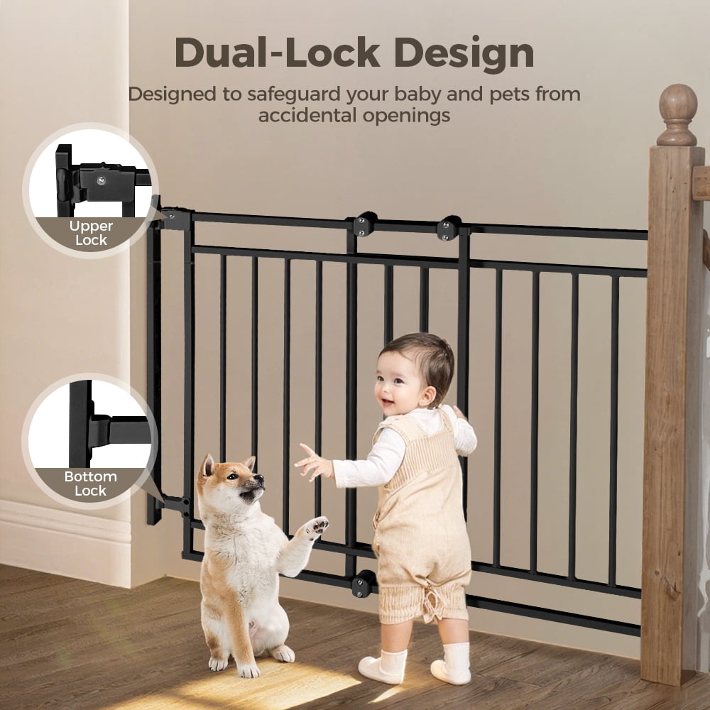 Pet Gate No Bottom Bar, Caveen 27.5-43" Pet Safety Gate for Stairs and Doorways, Black