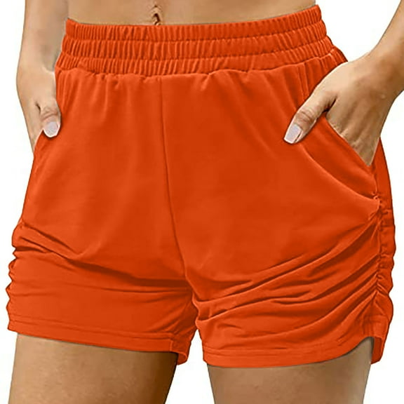 USSUMA Biker Shorts Women Solid Color Running Pull-on Elastic Waist Loose BreAthable And Fashionable Lounge with Pocket Pleated Sports Moisture Wicking Short Pants Womens Shorts Orange L