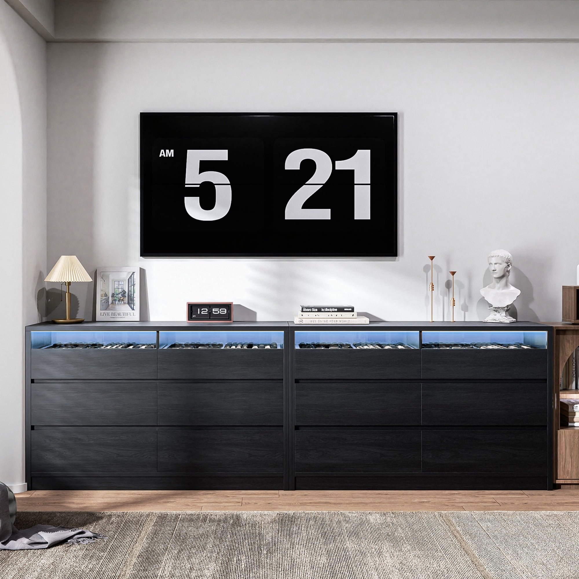 Anyact LED 6 Drawer Double Dresser for Bedroom, Modern Wood Chest of Drawers for Living Room