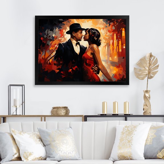 Designart "Jazz Couple in Red and Orange Harlem Renaissance" People Framed Wall Art Decor - Global Red Harlem Renaissance Hallway Framed Wall Art Decor