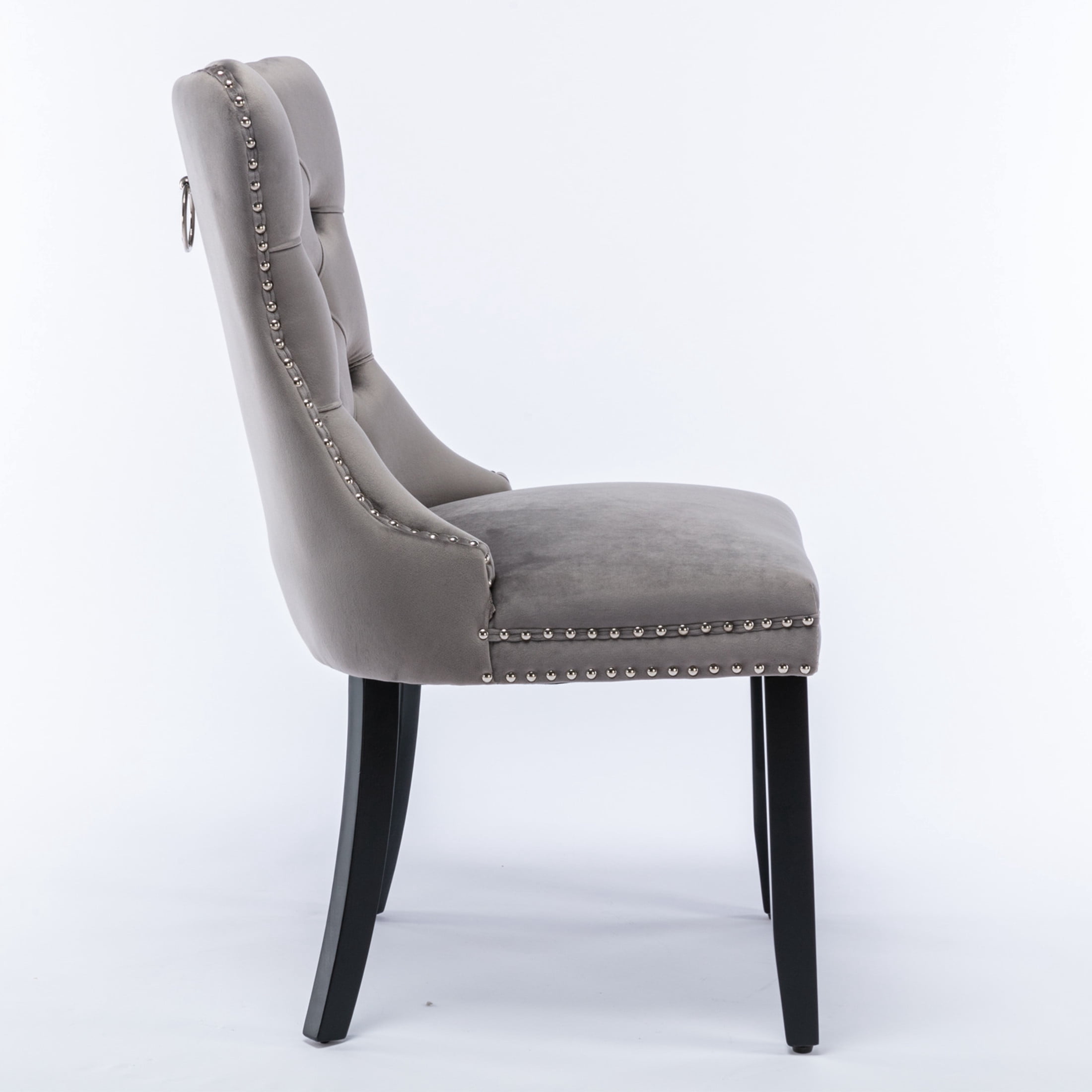 Noble House Tufted Velvet Dining Chair, Nailhead Trim, Solid Wood Legs, Gray + Black