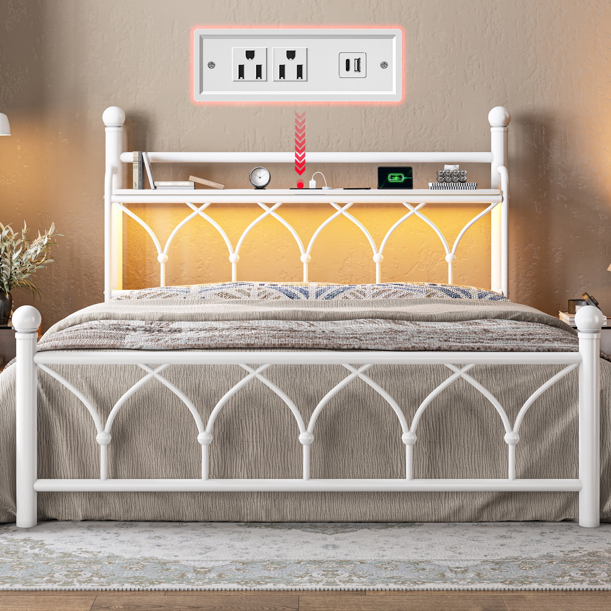 EnHomee Queen Metal Bed Frame with Vintage Headboard & Footboard Metal Platform Bed Frame Queen Heavy Duty Metal Bed Frame with LED Lights & Charge Station &Storage, Noise Free, White