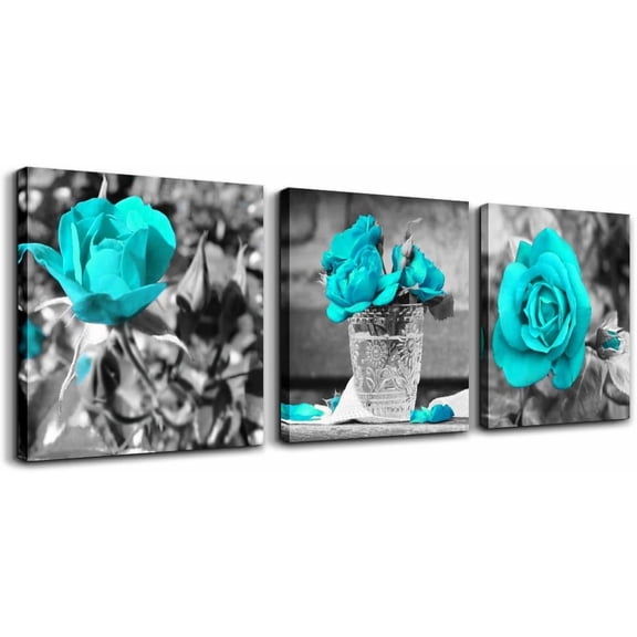 Canvas Wall Art For Bedroom Wall Decor For Living Room Black And White Wall Paintings Blue Rose Flowers Pictures Watercolor Giclee Canvas Prints Ready To Hang Room For Girls Home Decoration 3 Piece