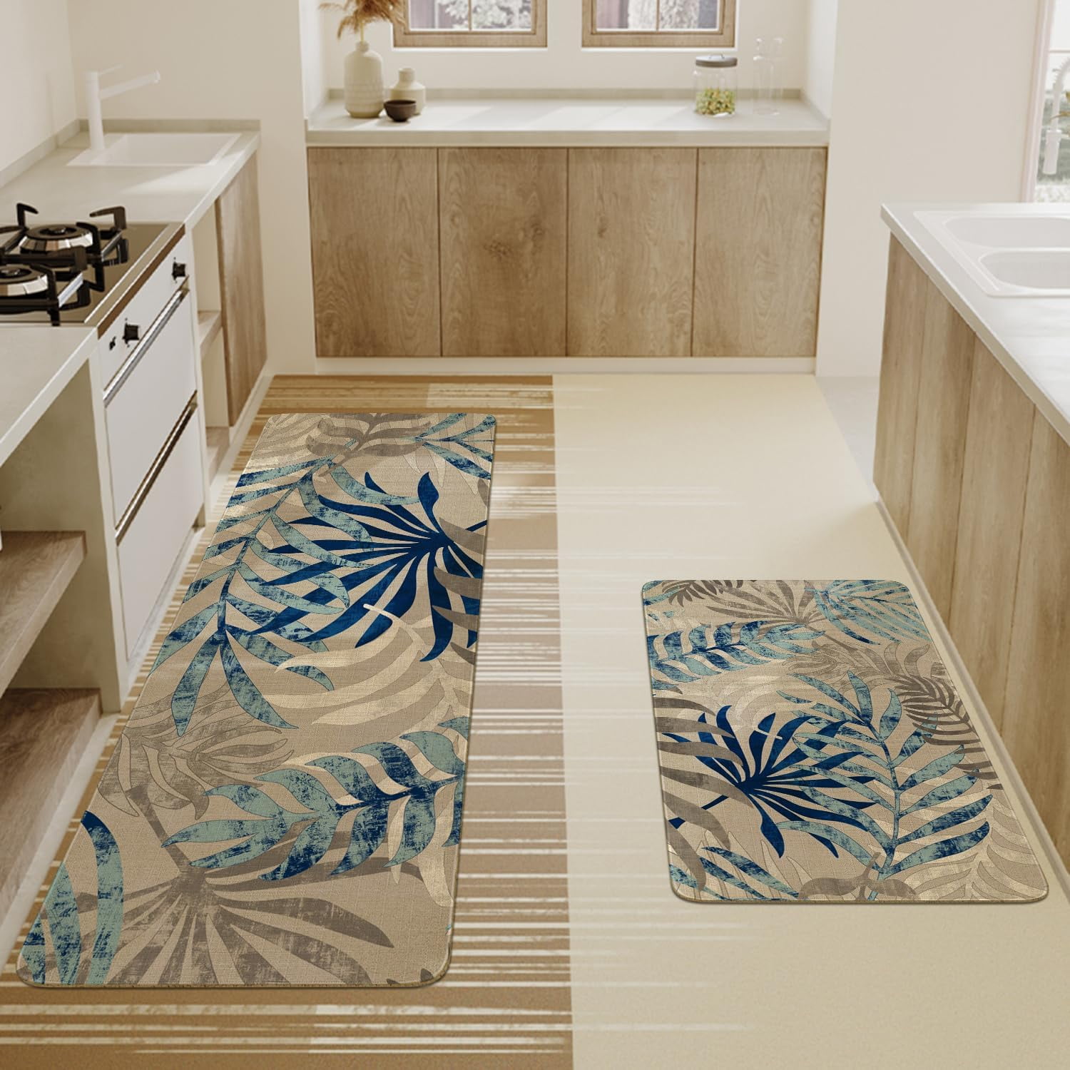 Boho Kitchen Mat Set of 2,Tropics Palm Leaves Kitchen Rugs and Mats Non Skid Washable,Bohemia Farmhouse Runner Rugs with Rubber Backing for Kitchen Decor Accessories (17"x47"+17"x30")