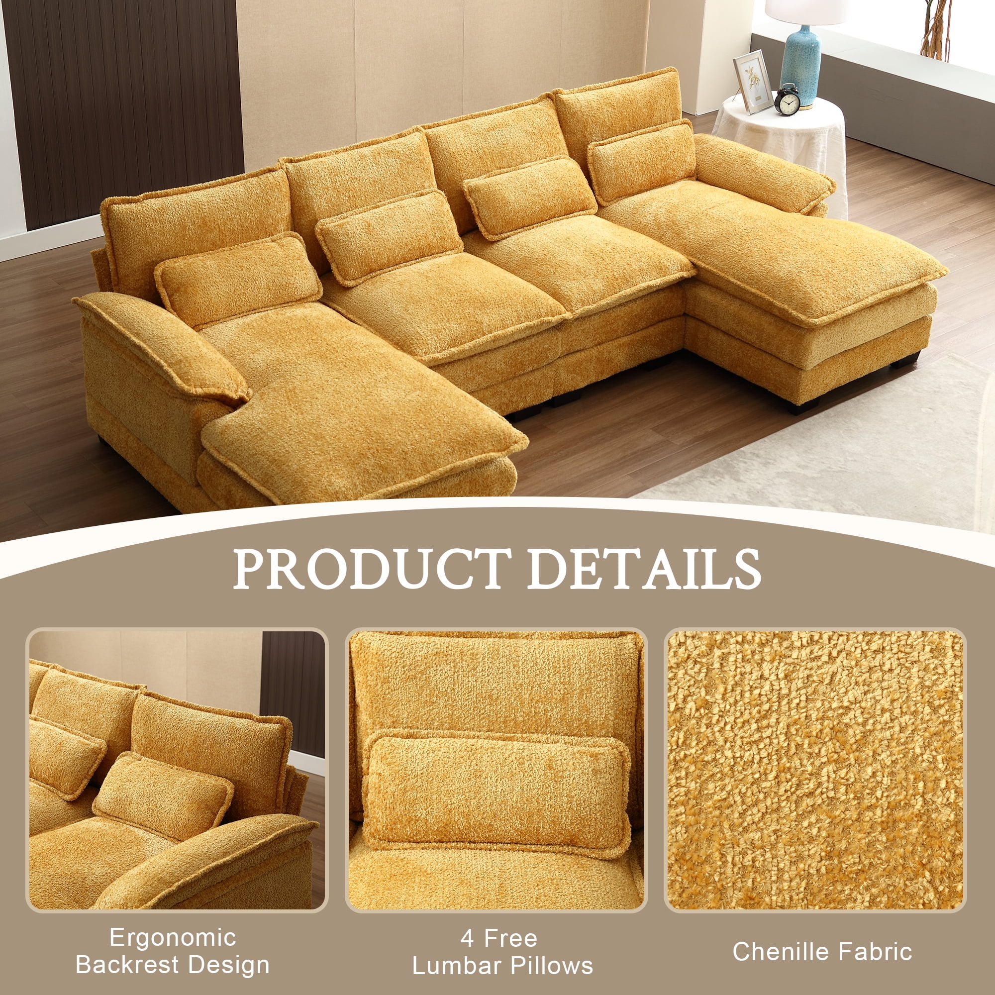 MOONMISS Chenille Upholstered U-Shaped Oversized four-seater Living Room Sectional Sofa With Wooden Frame-Mustard Yellow
