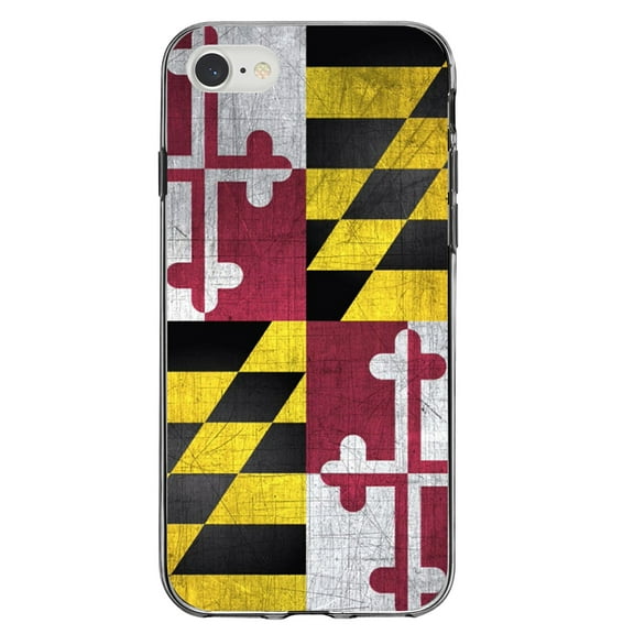 DistinctInk Clear Shockproof Hybrid Case for iPhone 7 8 SE (2020 Model) 4.7" Screen TPU Bumper Acrylic Back Tempered Glass Screen Protector - Old Weather Maryland Flag - Show Your Love of Maryland