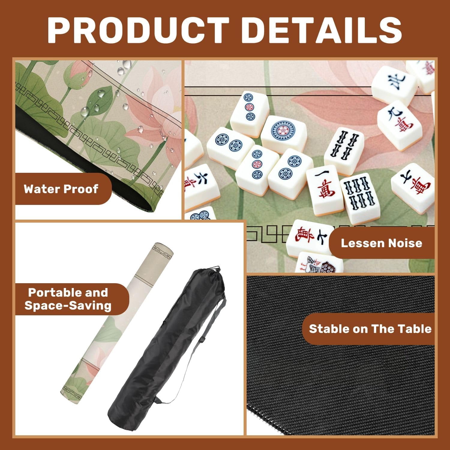 Mahjong Mat 31.5" x 31.5" Lotus Flowers Dragonflies Non-Slip Noise Reduction Mahjong Tiles Table Cover for Dominoes Poker Card Board and Tile Games