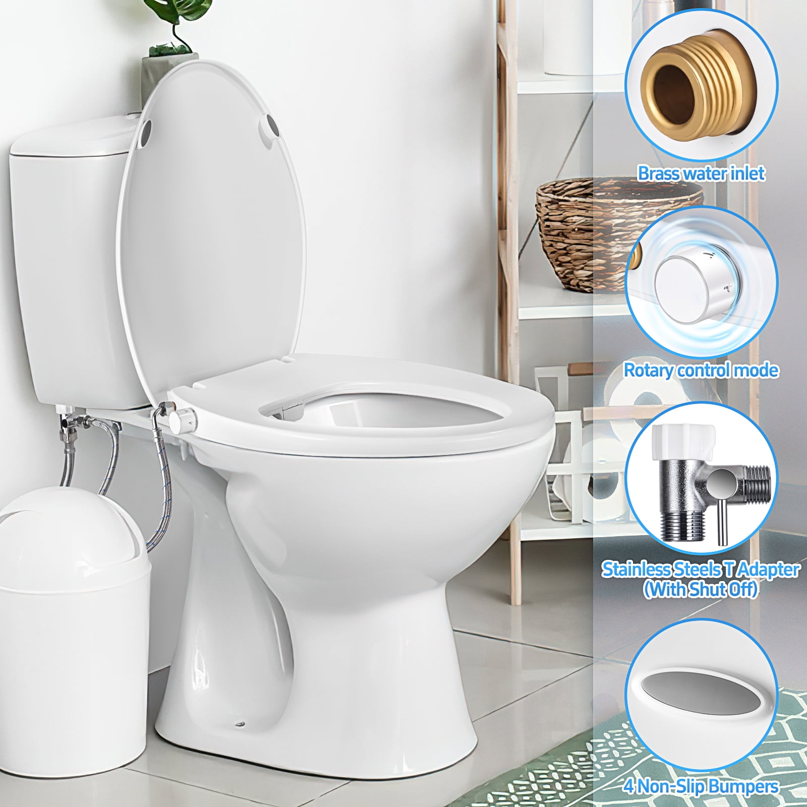 Elongated Bidet Toilet Seat with Quiet-Close, Non-Electric Bidet Toilet Seat with Self Cleaning Dual Nozzles, Fit Elongated Toilet Seat, White Bidet Attachment with Brass inlet