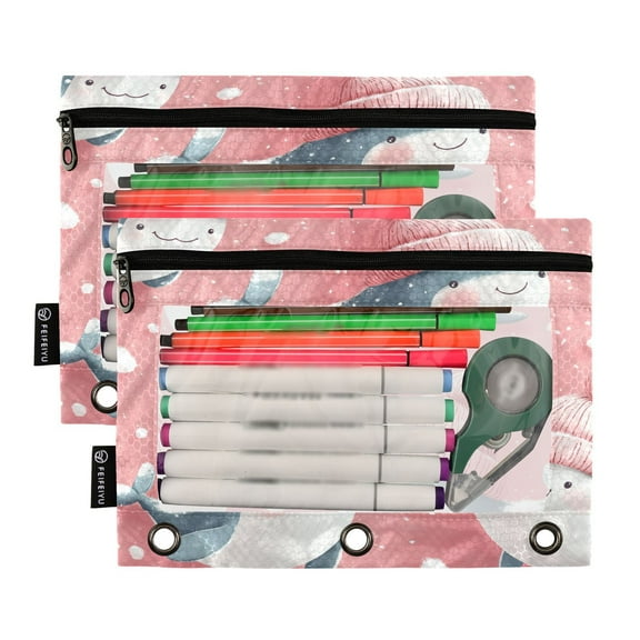 Ckdifva Whales Hats Pencil Pouch 3 Ring Zipper Pencil Case Binder Pockets Clear Top Cosmetic Bag 2 Pack