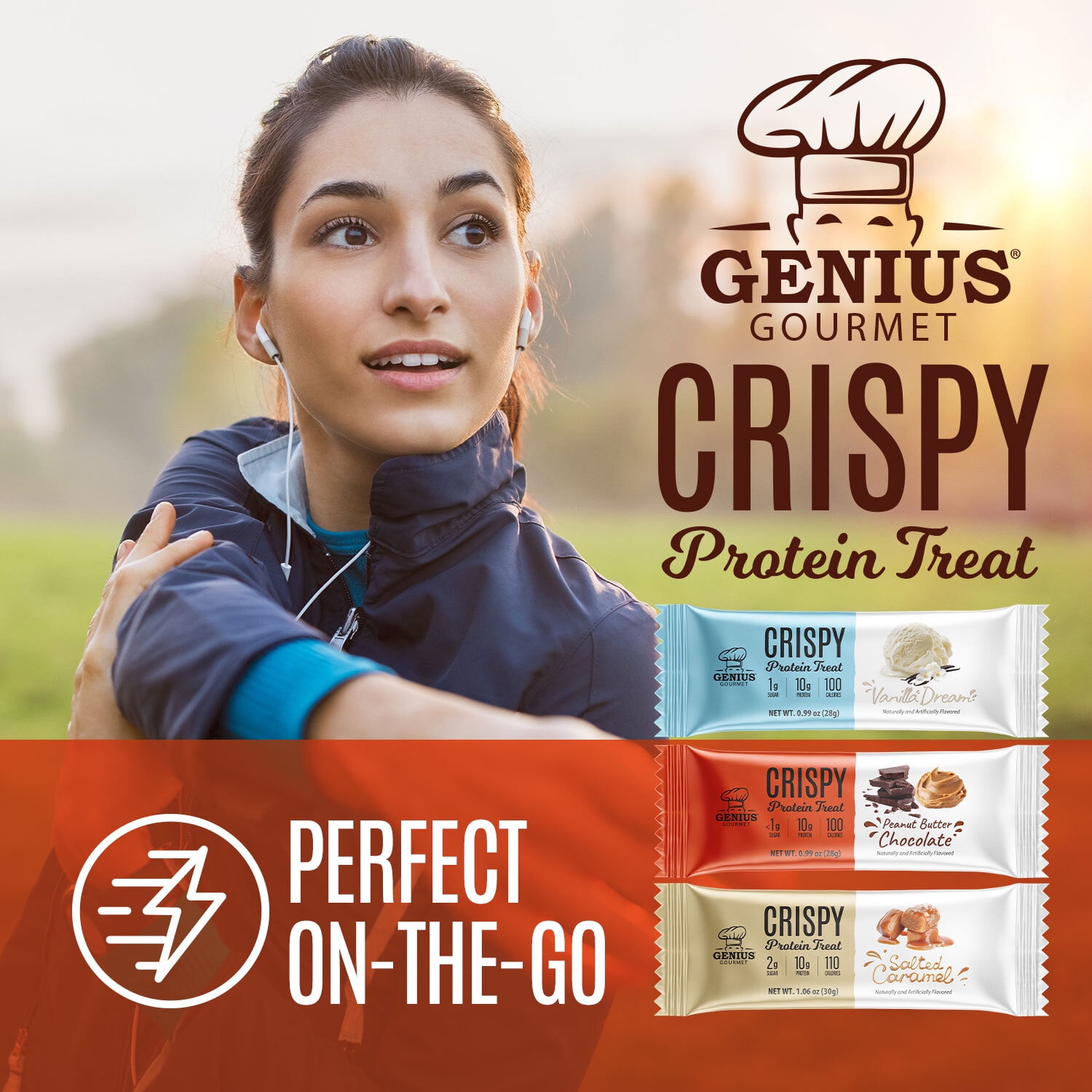Genius Gourmet Crispy Protein Treat - Peanut Butter Chocolate Low Carb Low Sugar Snacks (10 Protein Bars)