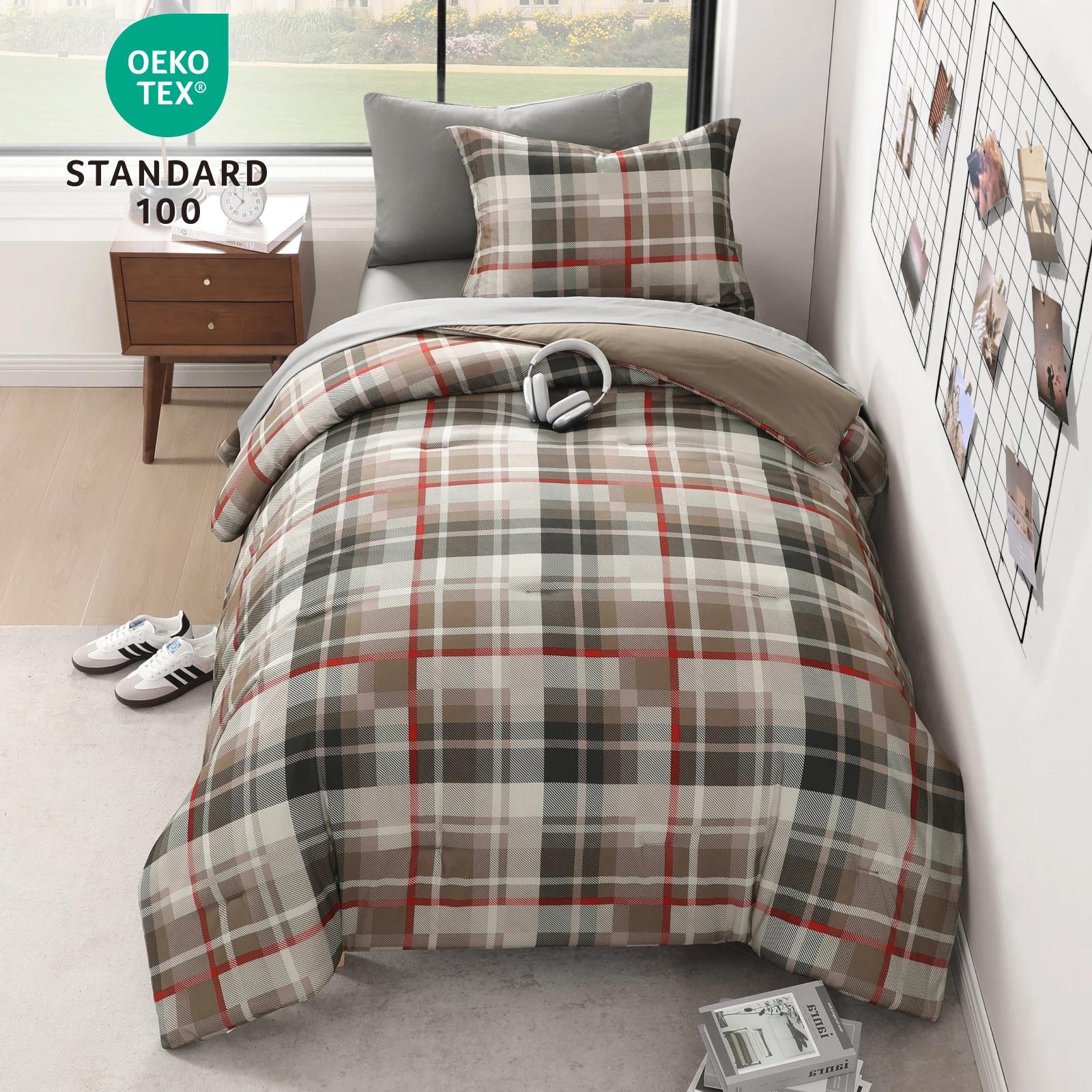 Amberspace Plaid Design 5-piece Bed in a Bag Comforter Set with Sheets,Khaki,Twin XL