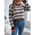 thumbnail image 3 of Women'S 2025 Fall Winter Color Block Striped Sweater Crew Neck Sweaters Casual Loose Knit Sweater Wine Red S, 3 of 7