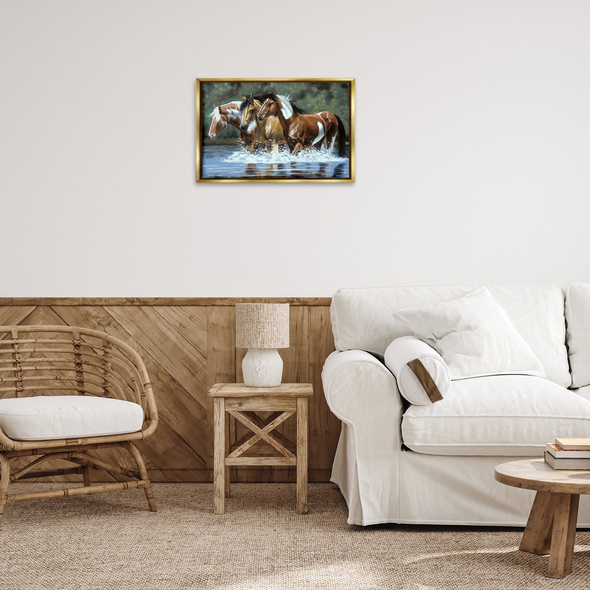 Stupell Industries Heading Upstream Horses Animals & Insects Painting Gold Floater Framed Canvas Art Print Wall Art, 25 x 17
