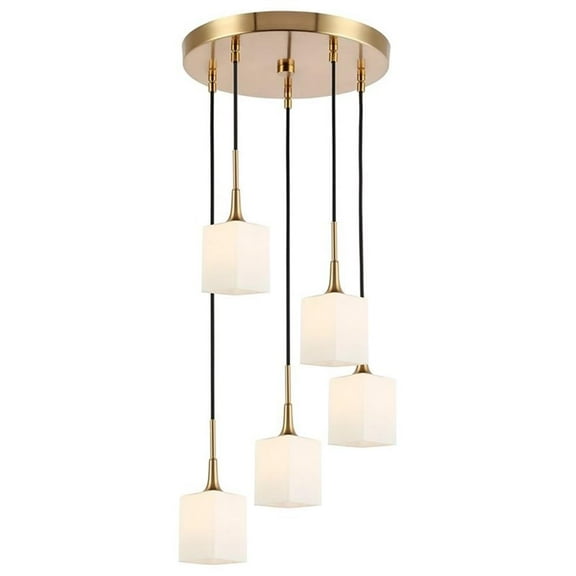 Woodbridge Lighting Chelsea 5-Light Opal Glass & Steel Cluster Pendant in Brass