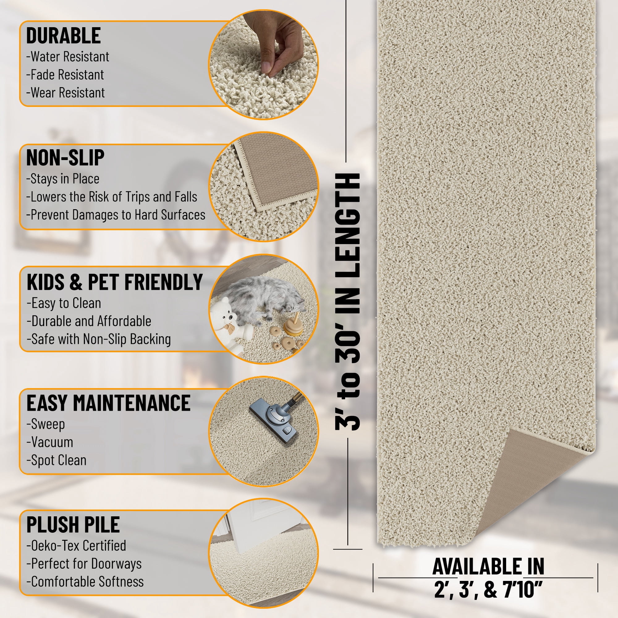Ottomanson Shag Area Rug 7'10" x 9' – Soft Plush Non-Slip Carpet for Living Room, Bedroom, Nursery, Cream