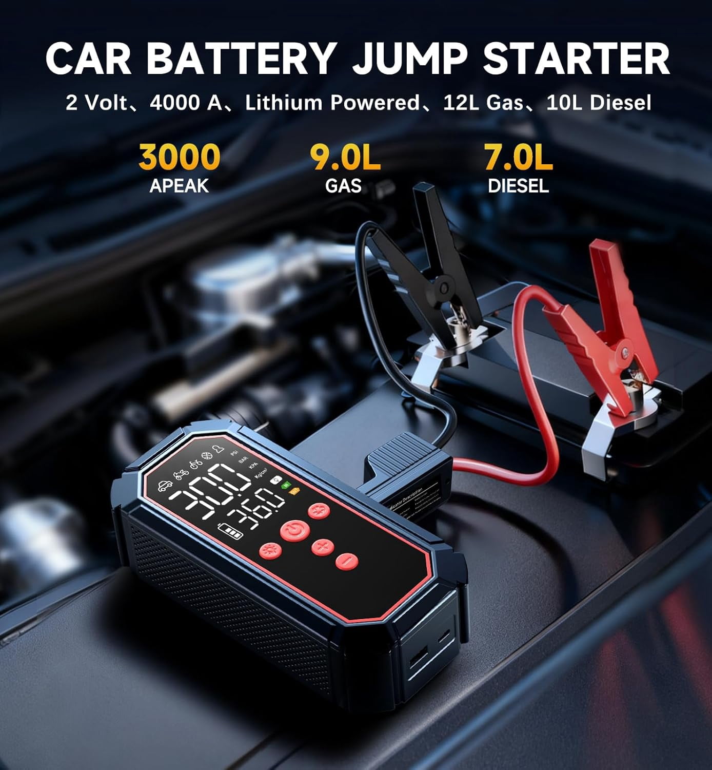 Jump Starter with Air Compressor 4000A Peak, Car Battery Jump Starter Portable (All Gas/10L Diesel),160PSI 12V Automobile Jump Box Pack Chargers with Jumper Cables 4-Mode LED Lights