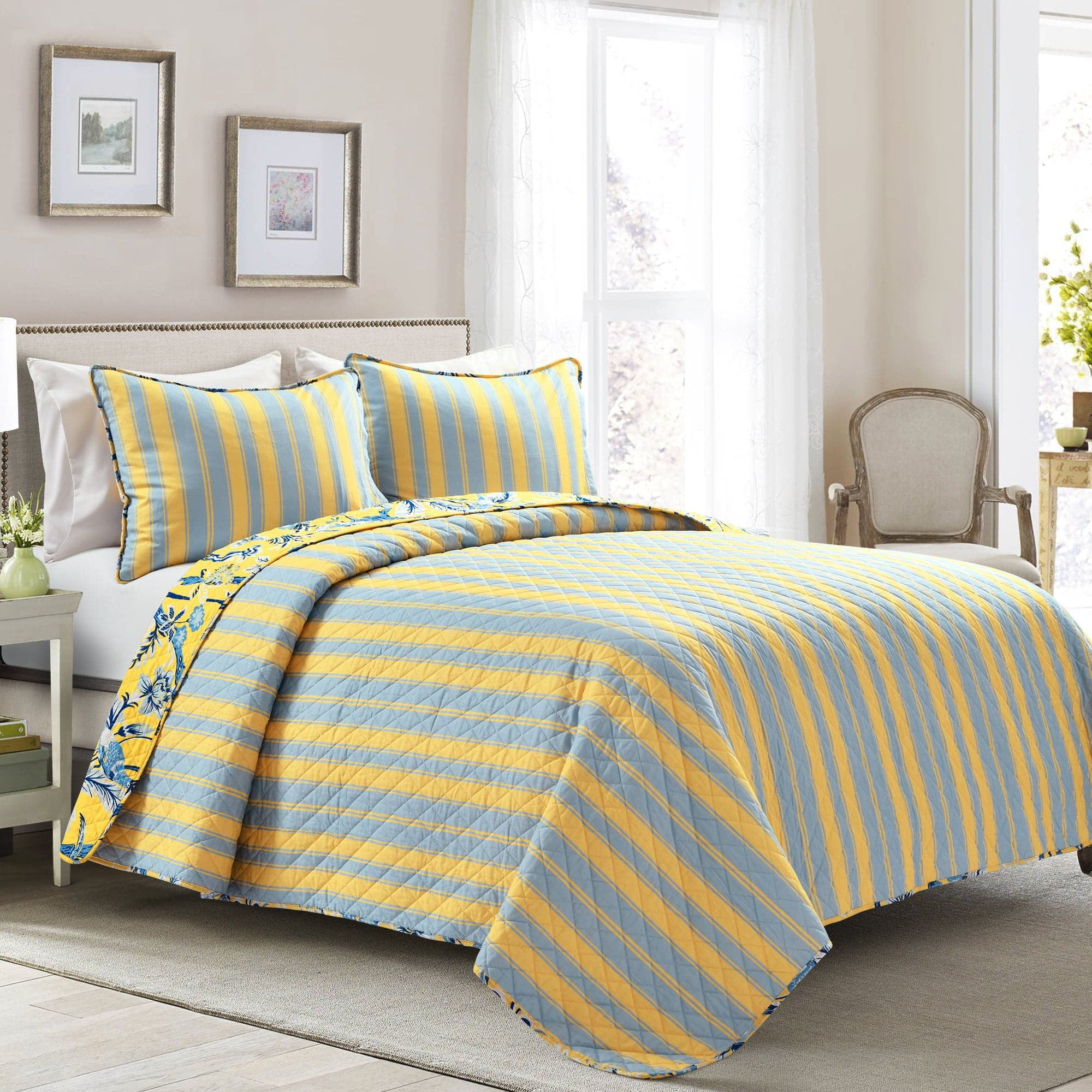 Lush Decor Dolores Nature Cotton Reversible Quilt, King, Yellow/Blue, 3-Pc Set