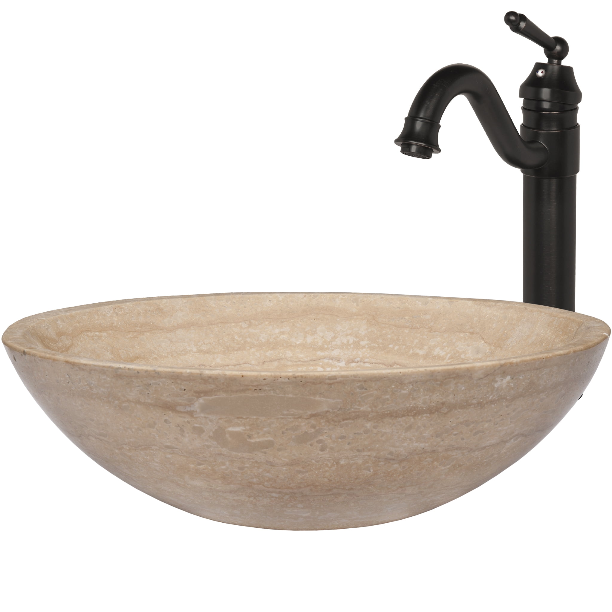 Novatto NSFC-BT359ORB Beige Travertine Stone Vessel Set w/ Faucet and Umbrella Drain, Oil Rubbed Bronze