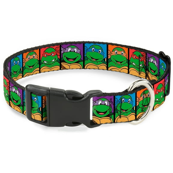 Nickelodeon Pet Collar, Dog Collar Plastic Buckle, Ninja Turtles Face Blocks Black Multi Color, 7 to 8.5 Inches 0.5 Inch Wide